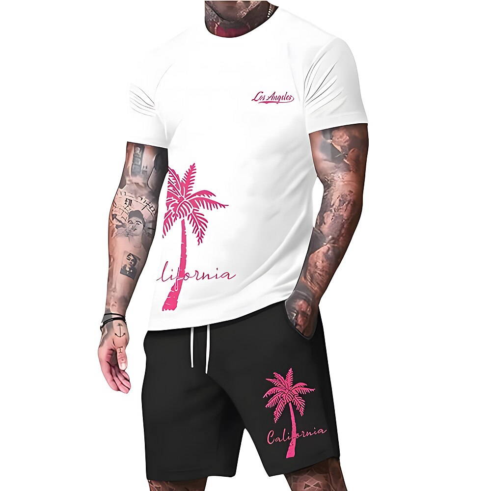 Herren Sommer Palme 2St T-Shirts-Sets Sommeroberteile Kurzarm Kurze Hosen Rundhalsausschnitt Sport Lässig Strandurlaub Outdoor Sport Täglich 3D-Druck Schwarz Grün Rot Lightinthebox