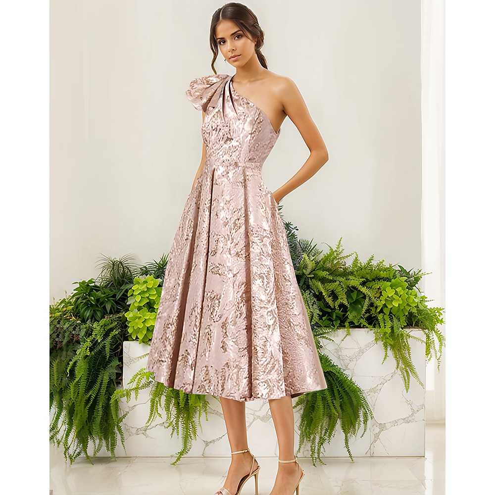A-Linie Abendkleid elegantes Kleid formelle Hochzeit Teelänge ärmellos eine Schulter Jacquard mit Schleife(n) 2025 Lightinthebox