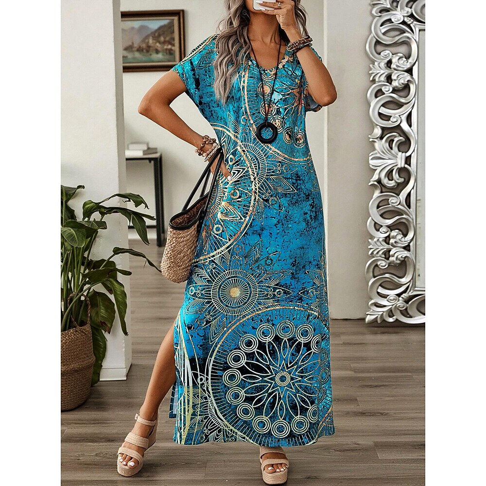 Damen Maxikleid T-Shirt-Kleid Sommerkleid Shiftkleid Bohemien Party Ferien Strand Normale Passform Vintage Böhmische Kurzarm Rundhalsausschnitt Eisblau Sommer Frühling Lightinthebox