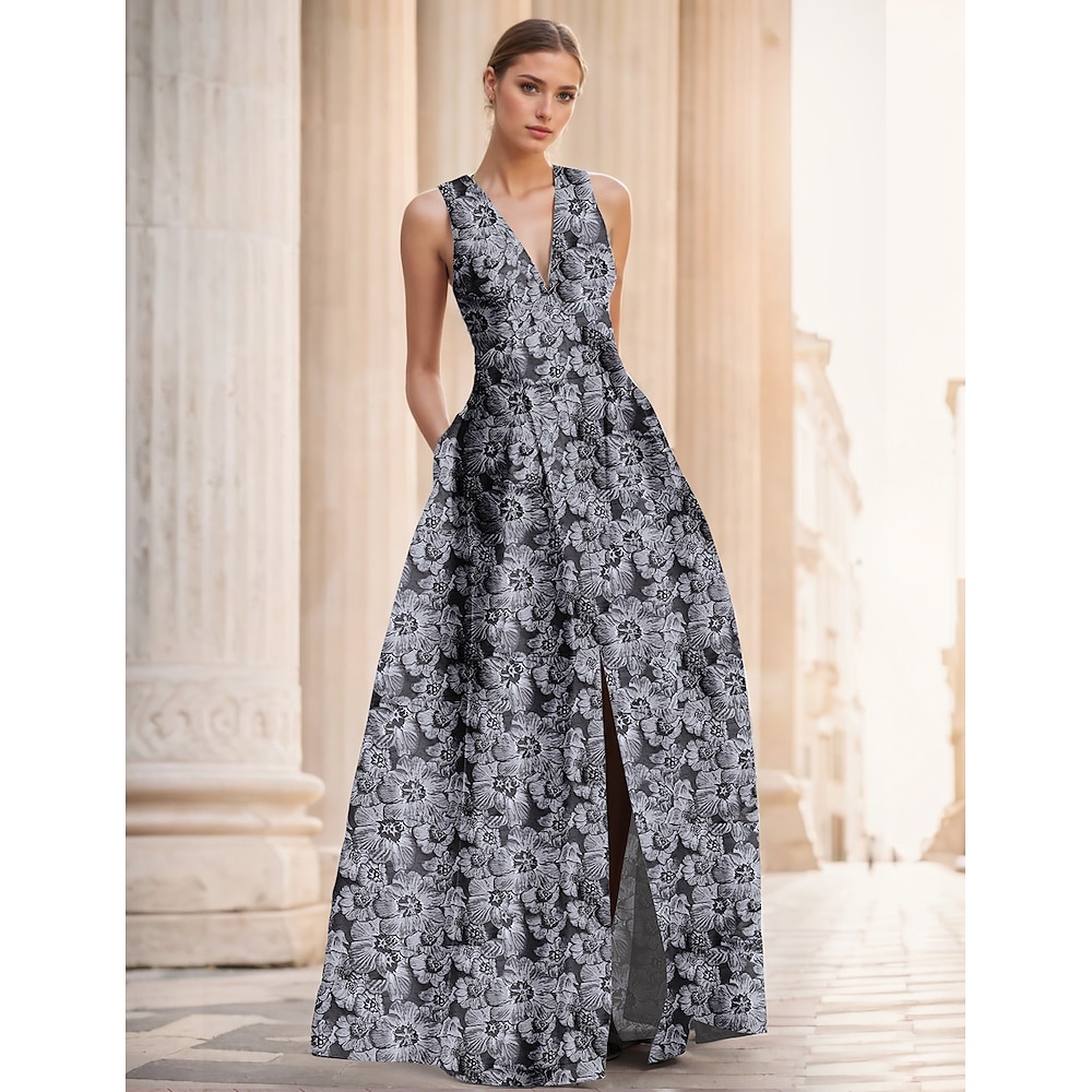 Jacquard A-Linie Abendkleid elegantes Kleid formelle Hochzeit bodenlang ärmellos V-Ausschnitt Tasche Nylon mit Schlitztasche 2025 Lightinthebox