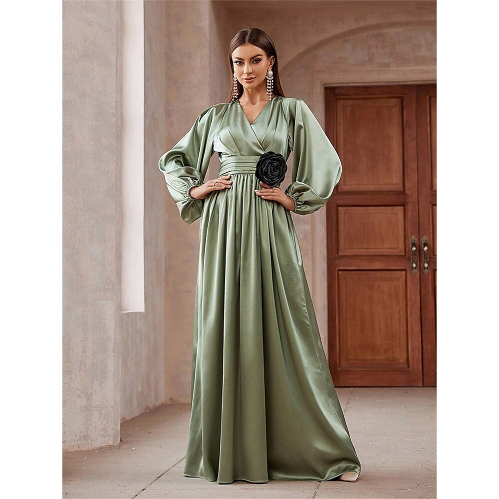 A-Linie Quinceanera-Kleider Elegant Kleid Hochzeit Hochzeitsgast Bodenlang Langarm V Ausschnitt Polyester mit Falten 2025 Lightinthebox