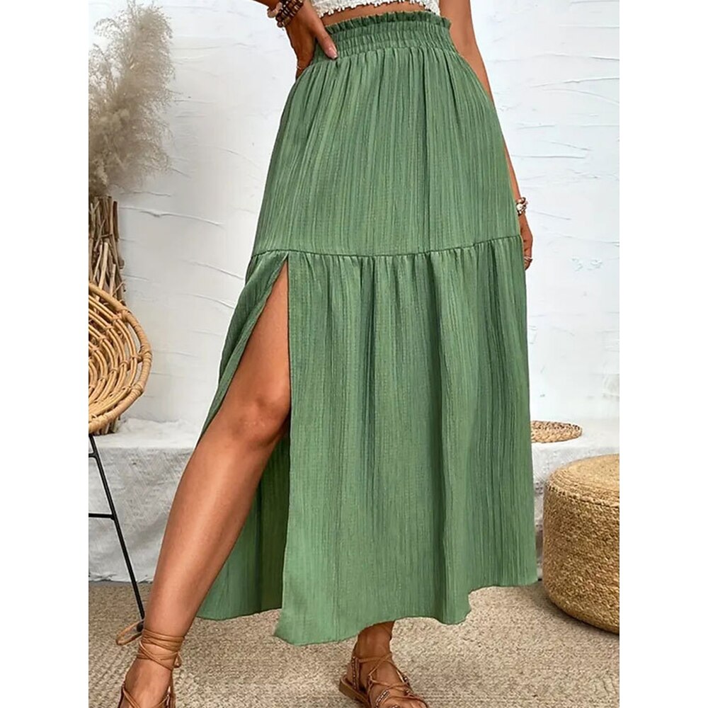 Damen Rock Schwingend Mode Lässig Maxi Hohe Taille Röcke Einfarbig Rüsche Gespleißte Enden Mikroelastisch Alltagstauglich Wochenende Schwarz Blau Grün Sommer Polyester Lightinthebox