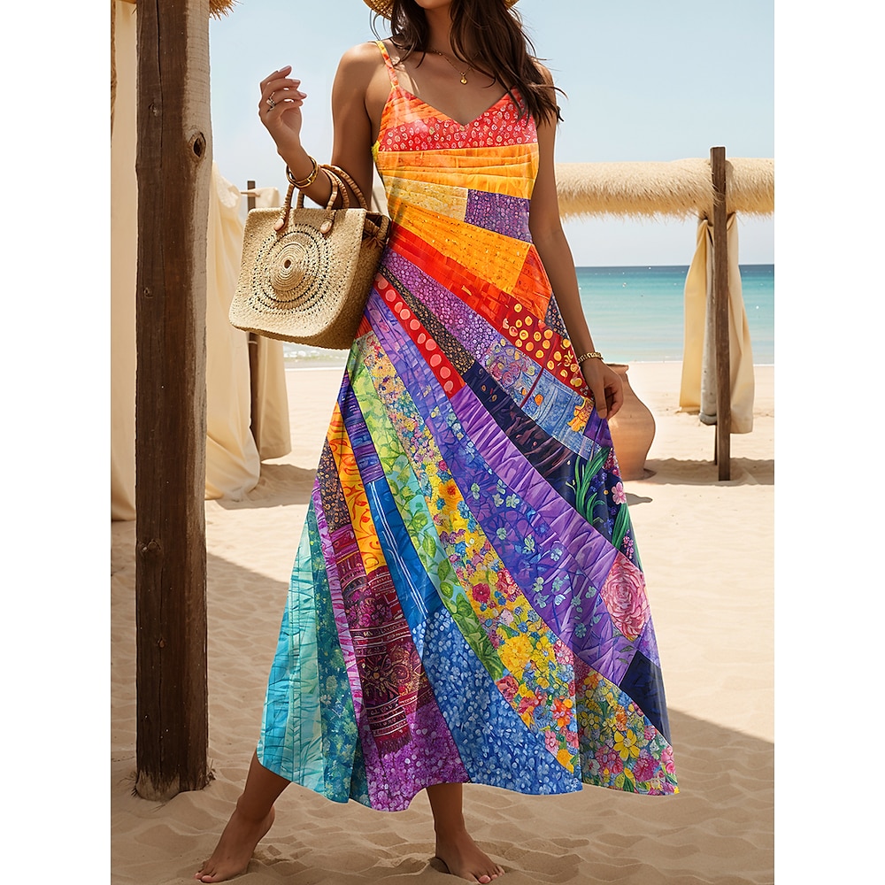 Damen Langes Kleid Maxikleid A Linie Kleid Sommerkleid Unterkleid Urlaub Lässig Täglich Normale Passform Grafik Geometrisch Ärmellos V Ausschnitt Regenbogen Sommer Frühling Lightinthebox