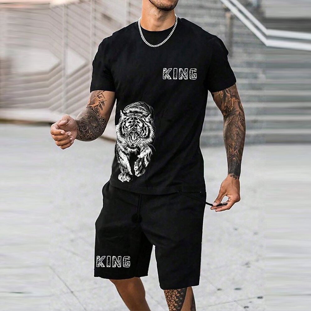 Herren Sommer Tiger 2St T-Shirts-Sets Sommeroberteile Kurzarm Kurze Hosen Rundhalsausschnitt Sport Lässig Outdoor Urlaub Sport 3D-Druck Schwarz Lightinthebox