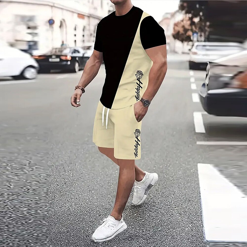 Herren Rose Text / Nummer 2St T-Shirts-Sets Sommer-Set Kurzarm Kurze Hosen Rundhalsausschnitt Sport Lässig Outdoor Urlaub Sport 3D-Druck Schwarz Lightinthebox