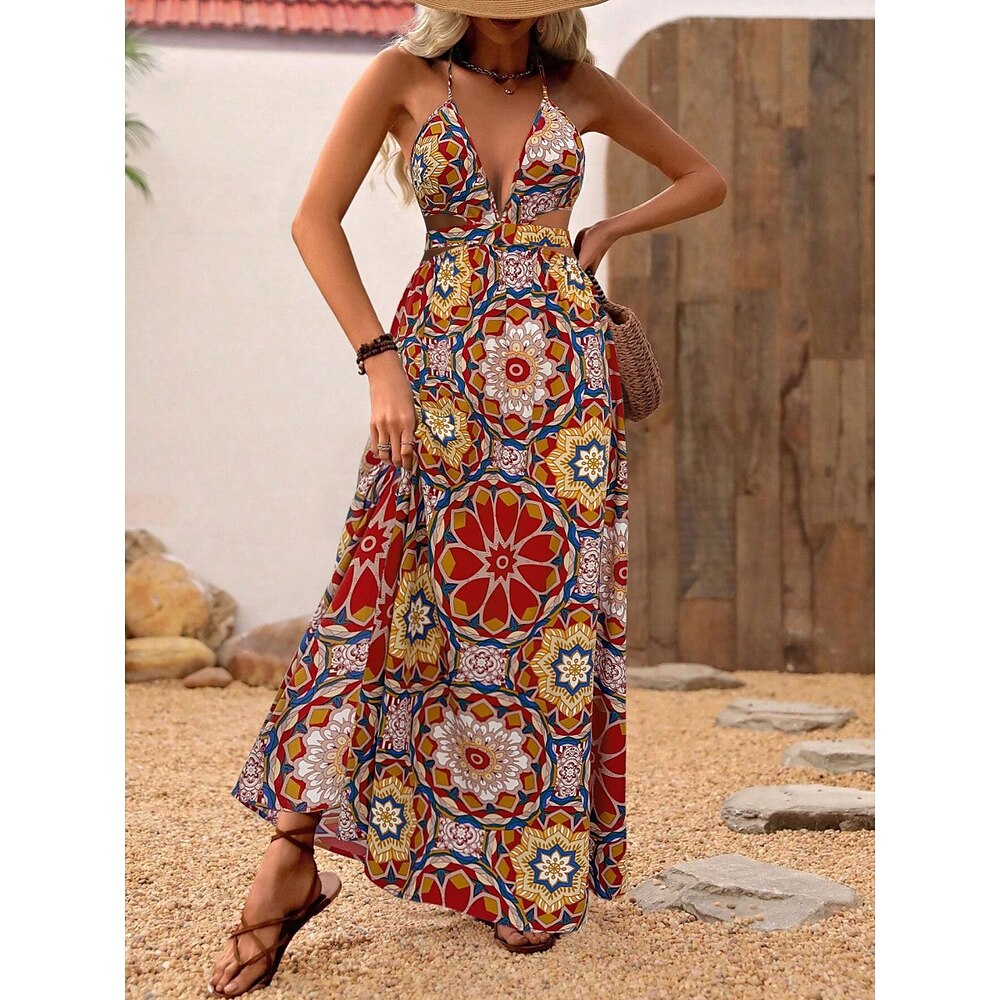 Damen Langes Kleid Maxikleid Sommerkleid Unterkleid Boho-Kleid Druckkleid Mode Urlaub Täglich Normale Passform Blumen Ärmellos Spaghettiträger Rote Sommer Lightinthebox