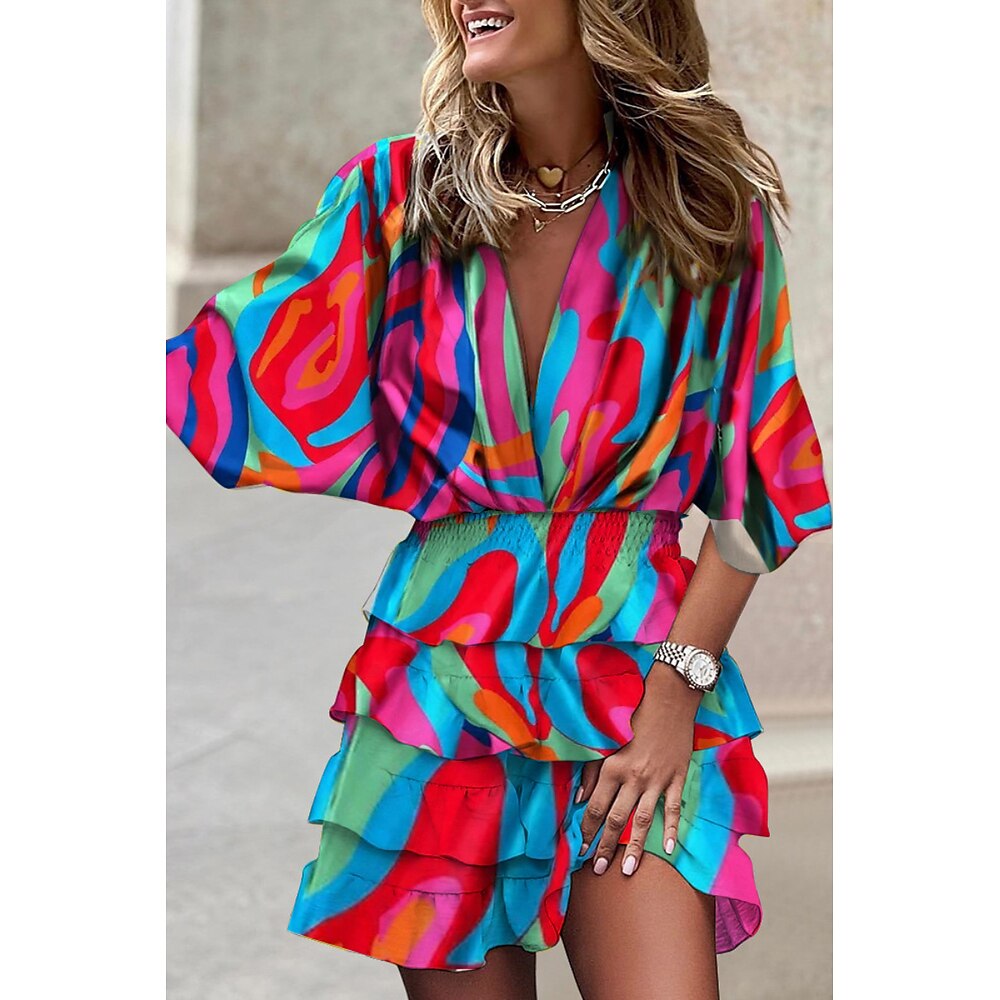 Damen Minikleid Druckkleid Mode Fledermaus Ärmel Urlaub Ferien Ausgehen Normale Passform Blume Halbarm V Ausschnitt Schwarz Grün Rosenrot Sommer Lightinthebox
