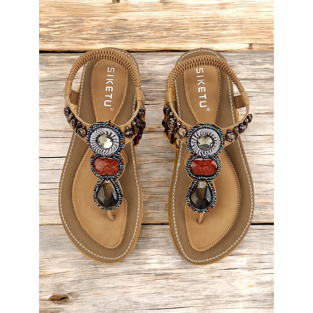 „Damensandalen im Bohemian-Stil mit Perlenbesatz - stylische flache Sandalen mit elastischem Riemen und Strassverzierungen, bequeme Sommer-Flip-Flops für Strand, Urlaub und Freizeit" Lightinthebox