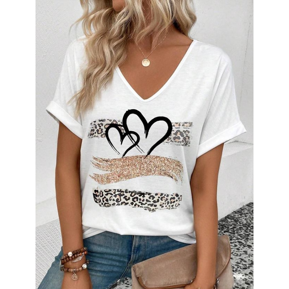 Damen T Shirt Farbverlauf Herz Leopard Brautkleider schlicht Kurzarm V Ausschnitt Normale Oberteile Täglich Ausgehen Strandbekleidung Bedruckt Weiß Sommer Lightinthebox