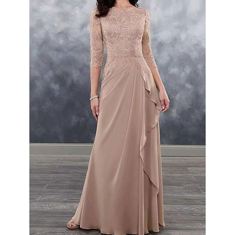 Kleid Brautmutterkleid Elegant Einfach Rundhalsausschnitt Bodenlang Polyester Dreiviertelarm mit Spitze Einfarbig 2025 Lightinthebox