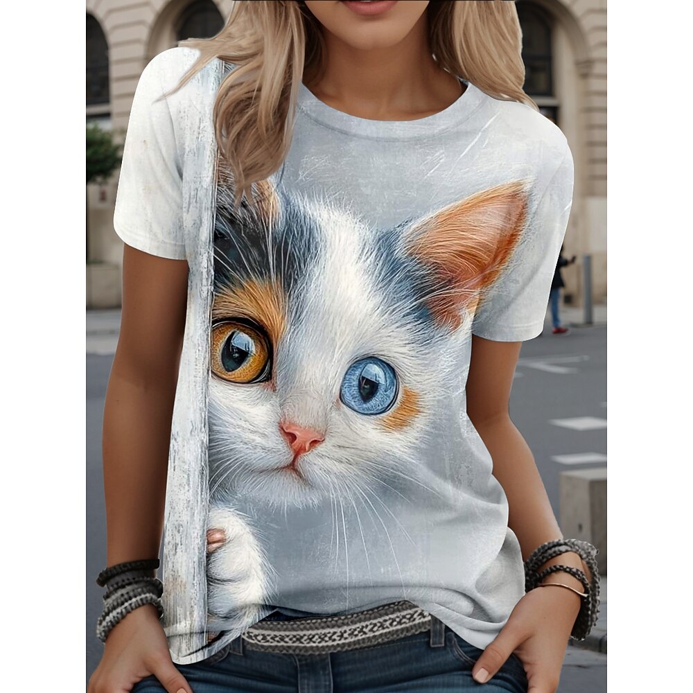 Damen T Shirt Grafik Tiermotiv Katze Stilvoll Lässig Kurzarm Rundhals Normale Oberteile Täglich Wochenende Druck Silber Sommer Frühling Lightinthebox