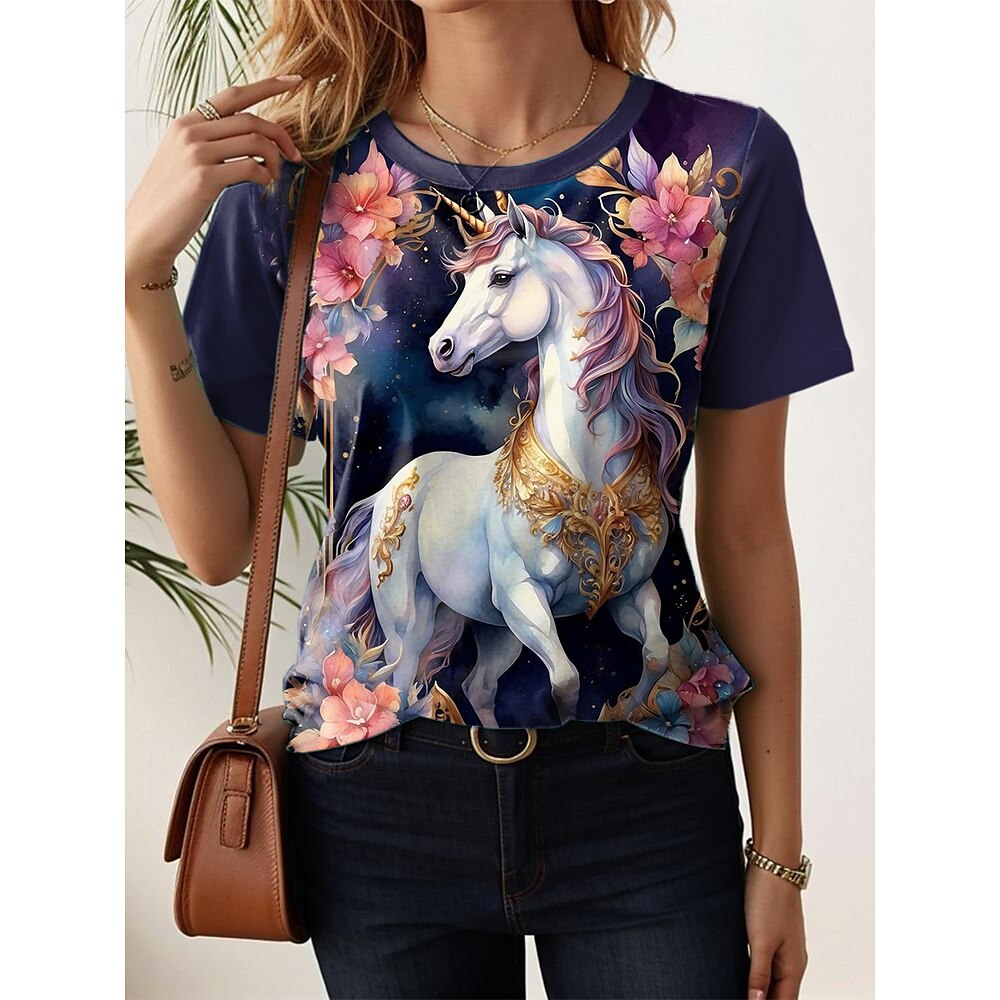 Damen T Shirt Grafik Tiermotiv Stilvoll Lässig Kurzarm Rundhals Normale Oberteile Täglich Wochenende Druck Blau Sommer Frühling Lightinthebox