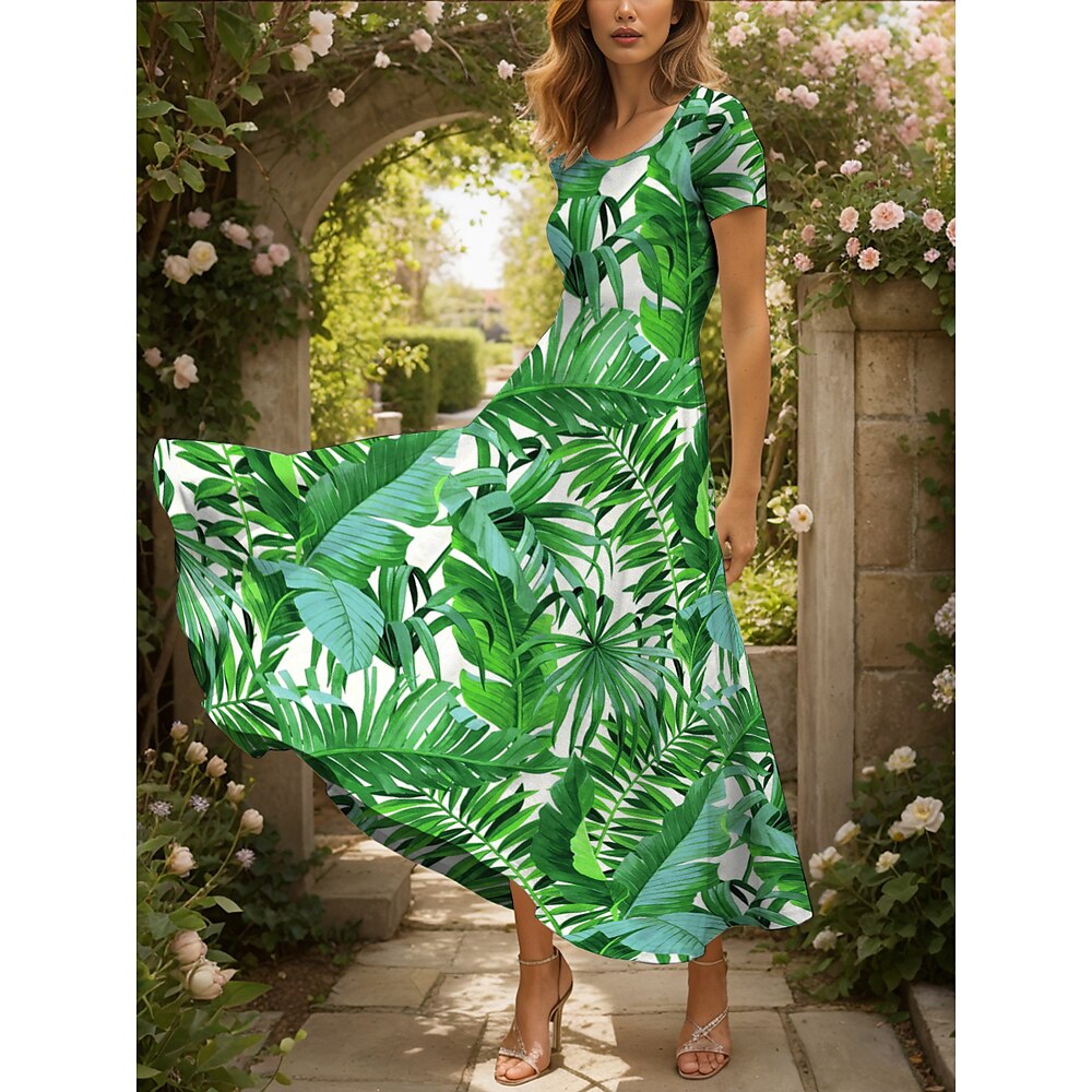 Damen Maxikleid Freizeitkleid A Linie Kleid Sommerkleid Urlaub Vintage Ethnisch Normale Passform Grafik Blatt Kurzarm Quadrathals Grün Sommer Frühling Lightinthebox