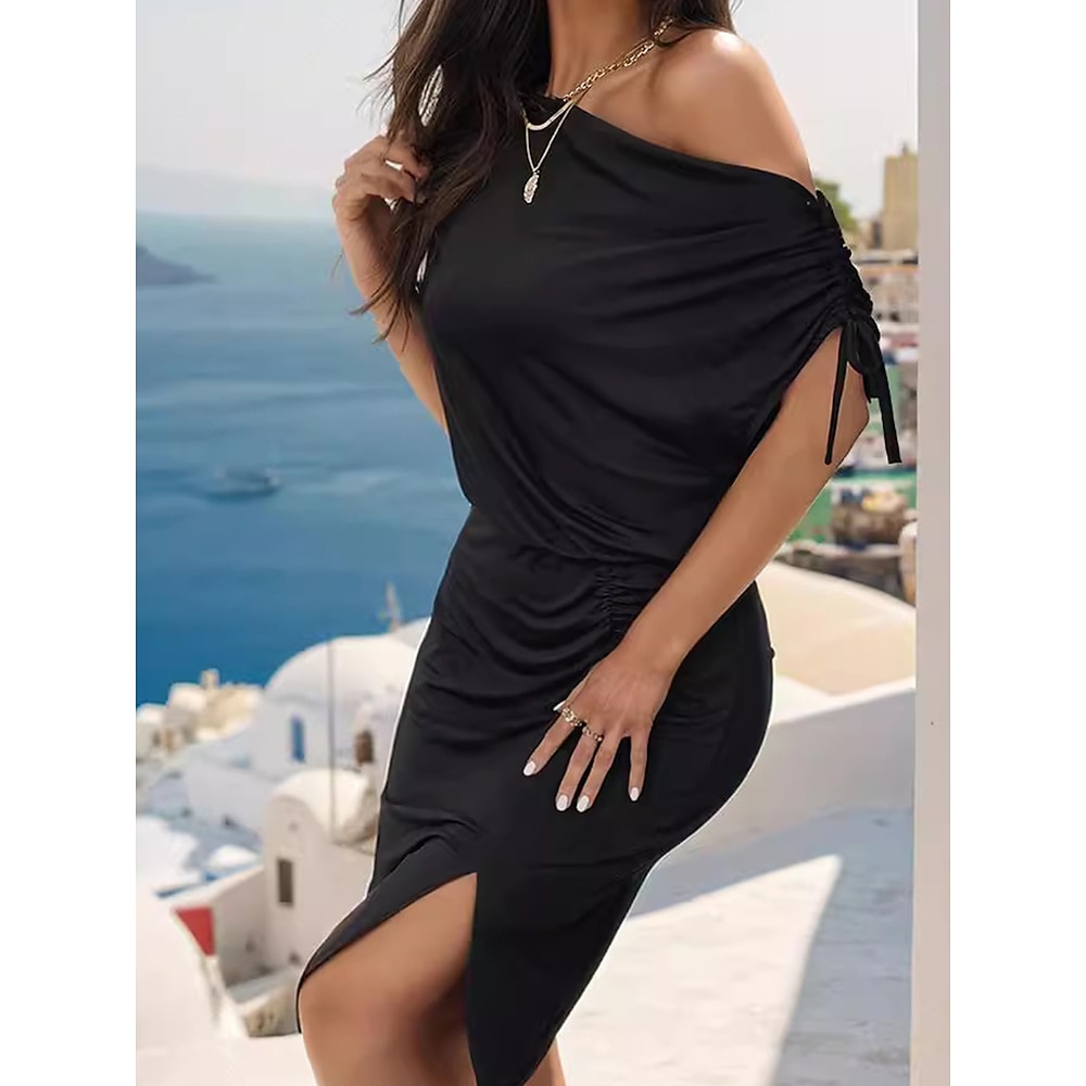 Damen Midikleid Wickelkleid Sweatkleid Sommerkleid Schulterfreies Kleid Basic Brautkleider schlicht Urlaub Täglich Regular Fit Glatt Kurzarm Wasserfallausschnitt Schwarz Sommer Lightinthebox