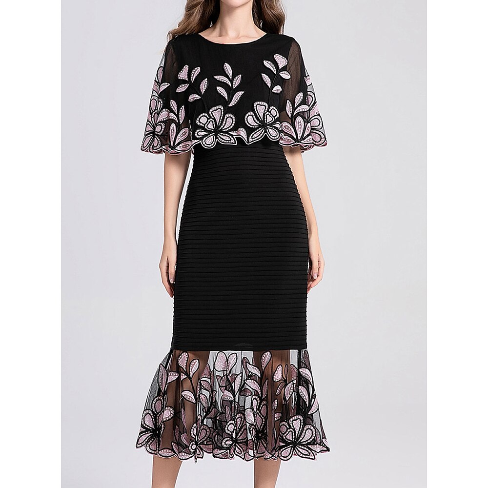 Kleid Brautmutterkleid Elegant Party Juwelenhals Bodenlang Baumwollmischung Kurzarm mit Stickerei 2025 Lightinthebox