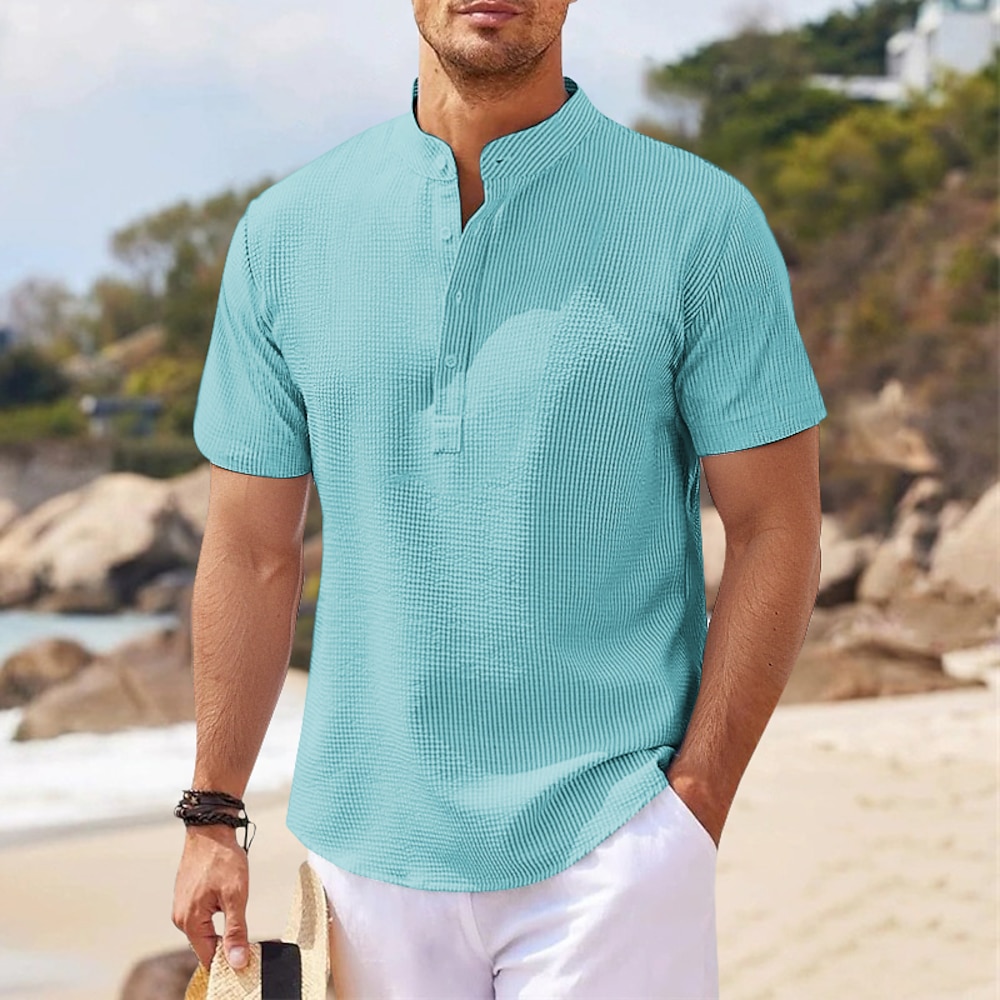 Herren Hemd Popover-Hemd Sommerhemd Freizeithemd Strandhemd Knopfhemd Schwarz Weiß Rosa Marineblau Blau Kurzarm Einfarbig Stehkragen Henley Urlaub Hawaiianisch Schnalle Bekleidung Polyester Mode Lightinthebox