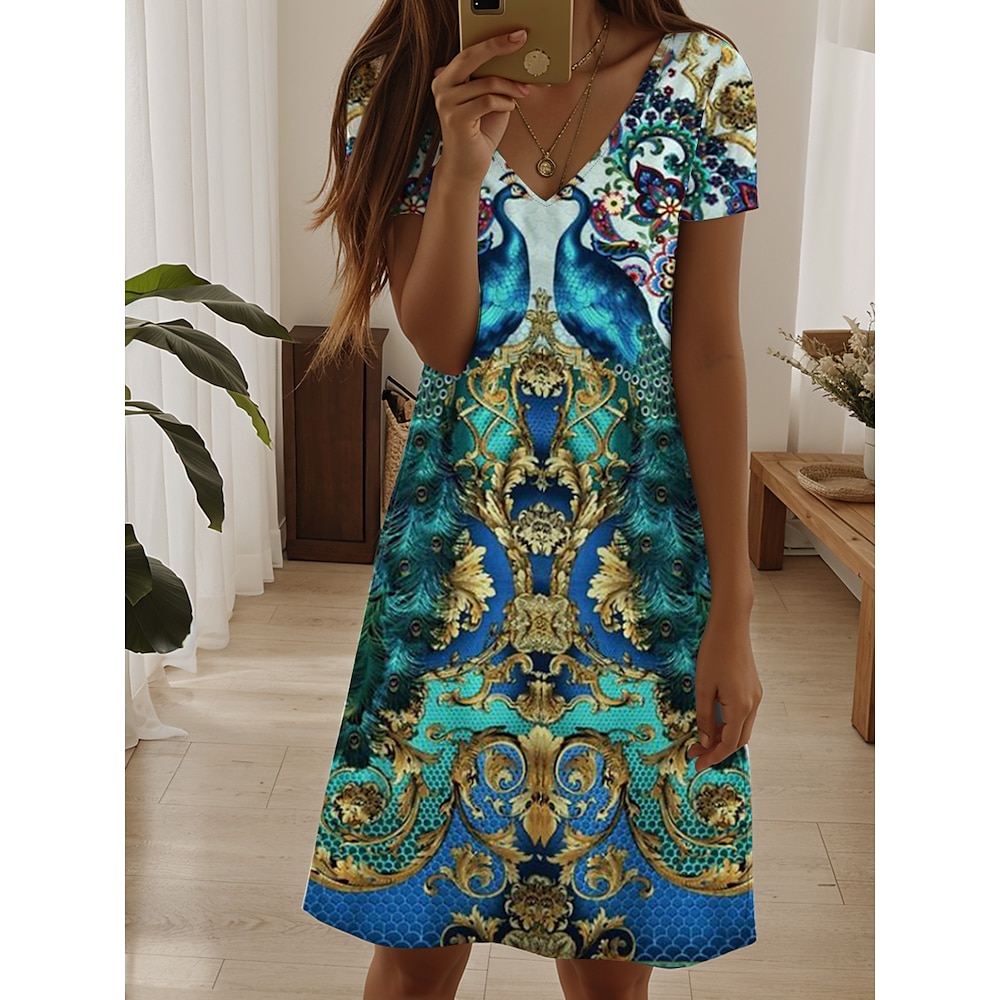 Damen Minikleid Sweatkleid A Linie Kleid Brautkleider schlicht Urlaub Täglich Regular Fit Graphic Paisley-Muster Kurzarm V Ausschnitt Blau Sommer Frühling Lightinthebox