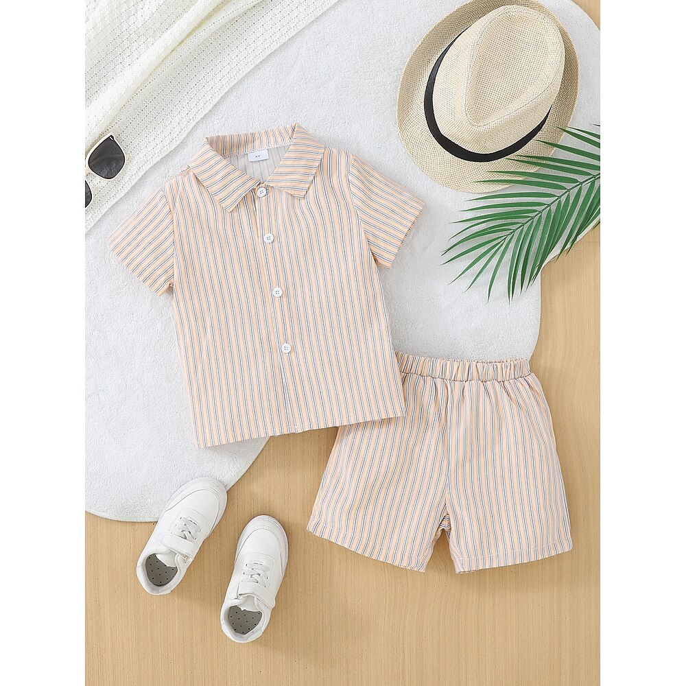 2 Stück Kleinkind Jungen T-Shirt Shorts Outfit Gestreift Kurzarm Seitenstreifen Set Schule Mode Täglich Sommer 4-7 Jahre Khaki Lightinthebox