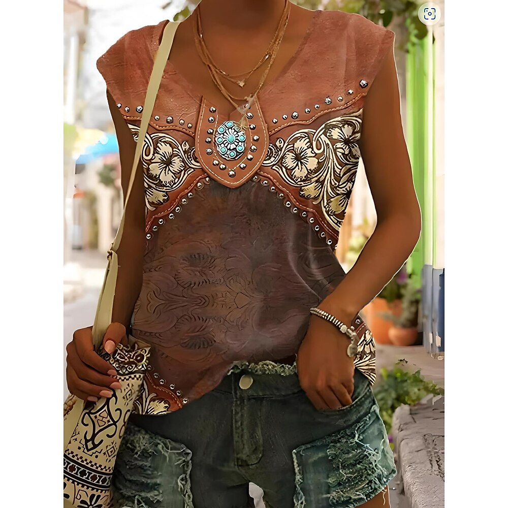 Damen Camisole-Tanktop Grafik Geometrisch Bohemien Vintage Hawaiianisch Ärmellos V Ausschnitt Normale Oberteile Täglich Druck Braun Sommer Lightinthebox