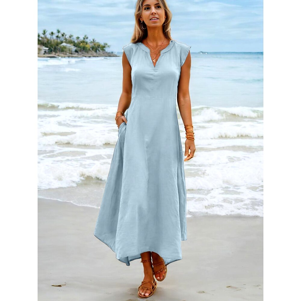 Damen Maxikleid T-Shirt Kleid Teekleid Sommerkleid Etuikleid Sommerkleid Leinen wie Bohemia Urlaub Ethno Urlaub Strand Normale Passform Einfarbig Einfarbig Kurzarm Gekerbter Hals Blau Grau Sommer Lightinthebox