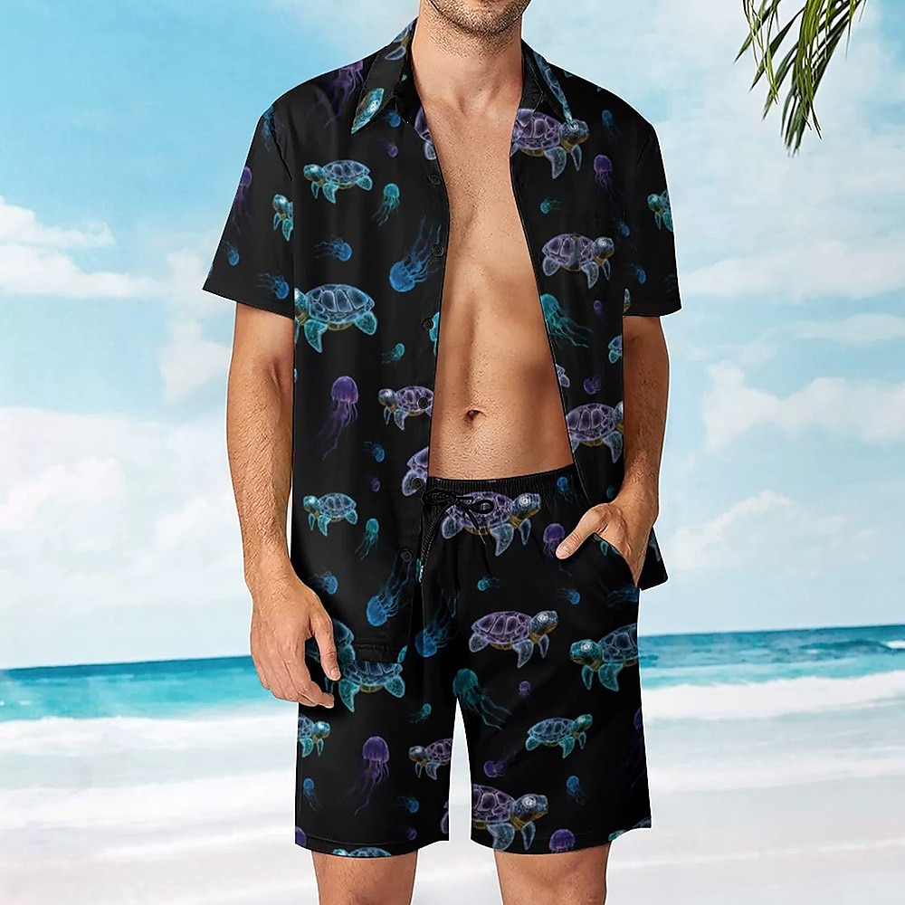 Herren Schildkröte 2St Hawaiihemd Sommerhemd Kurzarm Kurze Hosen Hemden-Sets Umlegekragen Urlaub Brautkleider schlicht Casual Täglich Strandurlaub 3D-Druck Schwarz Lightinthebox