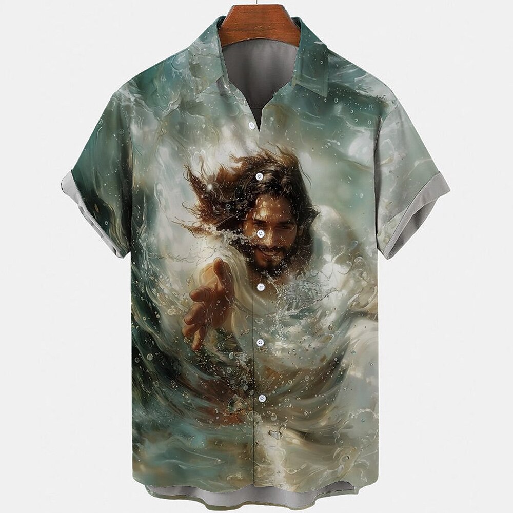 Ostern Herren Templer Kreuz Hemd Freizeithemd Knopfhemd Kurzarm Vintage-Retro Urlaub Ferien Festival Sommer Frühling Umlegekragen 3D-Druck Hemden mit Kragen Gelb Blau Grün Lightinthebox