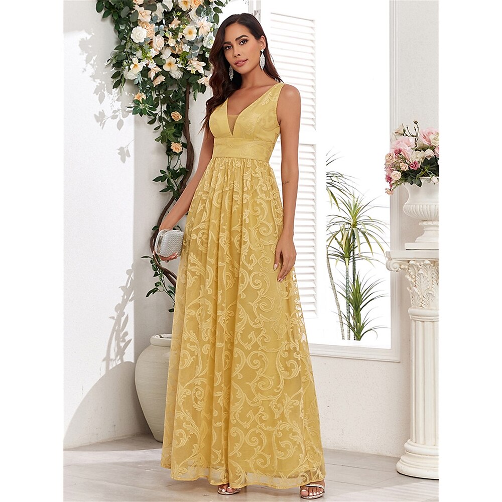 A-Linie Quinceanera-Kleider Elegant Kleid Hochzeit Hochzeitsgast Bodenlang Ärmellos V Ausschnitt Spitze mit Falten 2025 Lightinthebox