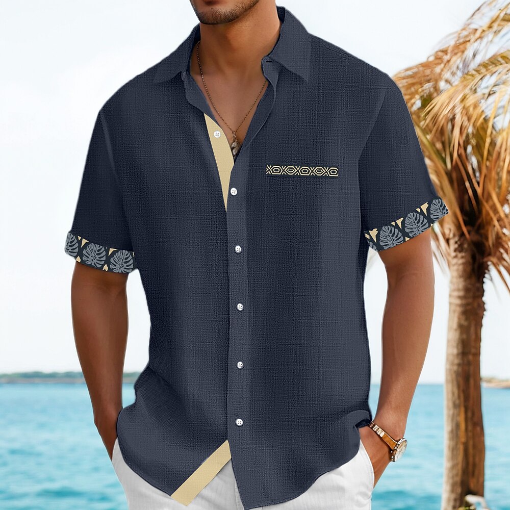Herren Hemd leinenhemd Sommerhemd Strandhemd Karomuster Urlaub Ferien Marineblau Kurzarm Kragen Sommer Bekleidung Lightinthebox