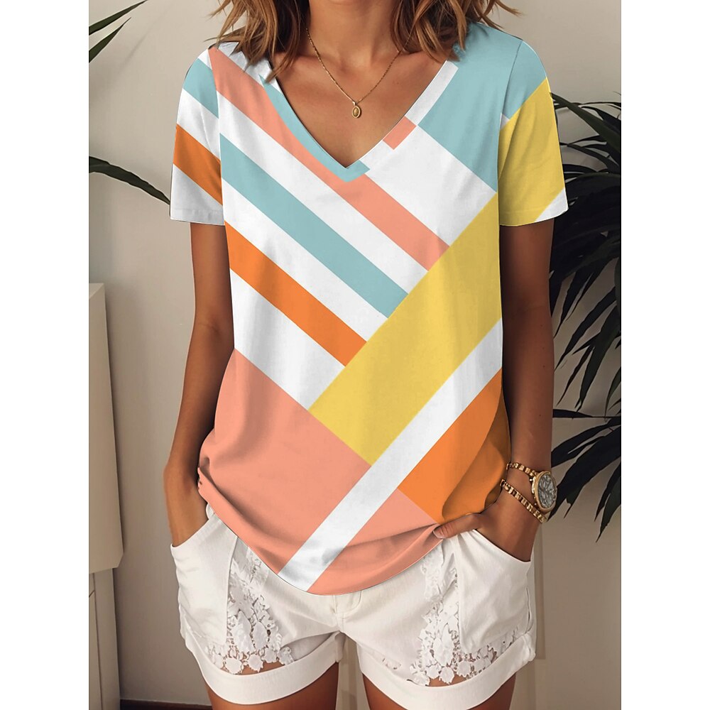 Damen T Shirt Grafik Geometrisch Stilvoll Lässig Kurzarm V Ausschnitt Normale Oberteile Täglich Druck Rosa Sommer Frühling Lightinthebox