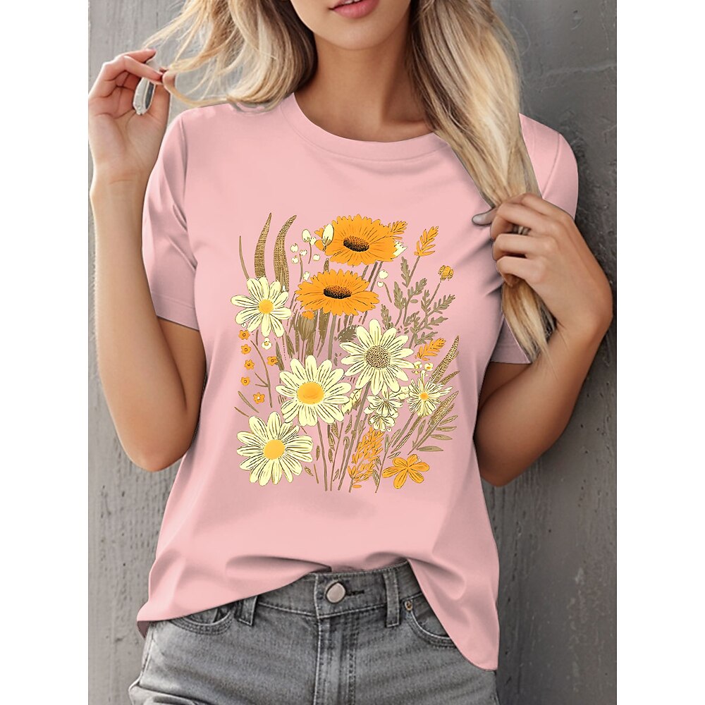 Damen T Shirt Blumen Grafik Lässig Kurzarm Rundhals Normale Oberteile Täglich Druck Weiß Rosa cremefarben Sommer Lightinthebox