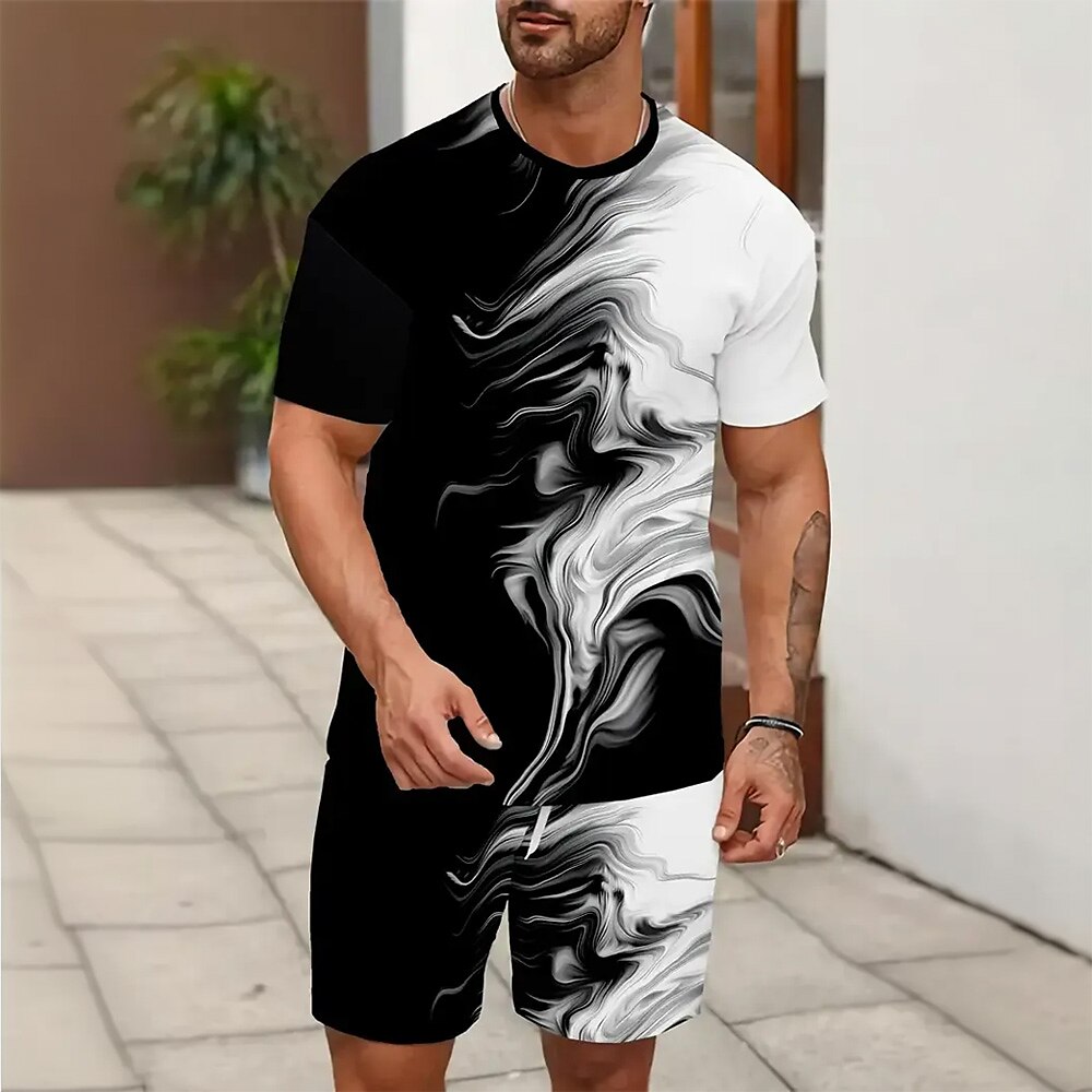 Herren Sommer Tuschemalerei 2St T-Shirts-Sets Sommeroberteile Kurzarm Kurze Hosen Rundhalsausschnitt Sport Lässig Trendy Outdoor Urlaub Sport 3D-Druck Schwarz / Weiß Lightinthebox