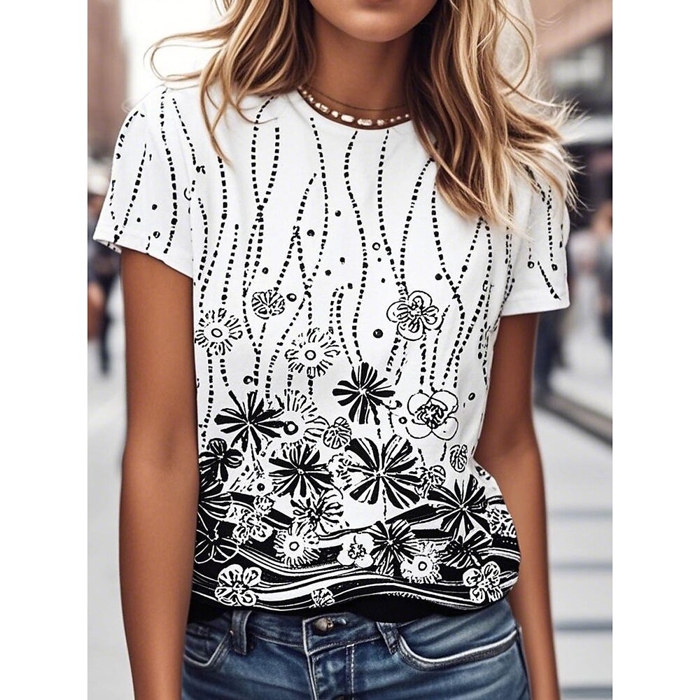 Damen T Shirt Blumen Grafik Lässig Kurzarm Rundhalsausschnitt Normale Oberteile Täglich Druck Schwarz Weiß Rosa Grün Sommer Frühling Lightinthebox