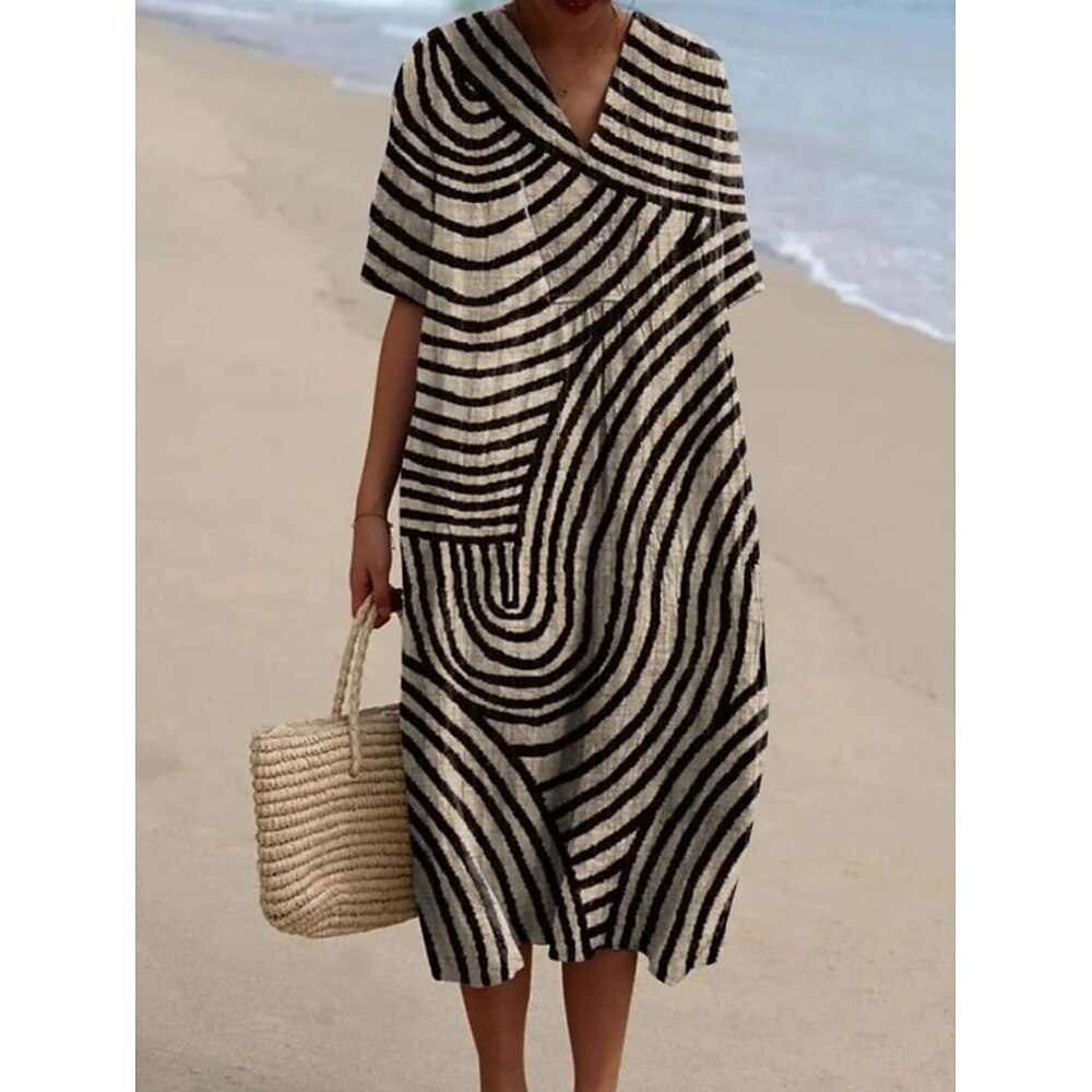 Damen Midikleid Sommerkleid A-Linien-Kleid Urlaub Casual Strand Leinen wie Ausgehen lockere Passform Kurzarm V-Ausschnitt Weinrot Orange Off-White Dunkelgrau Lightinthebox