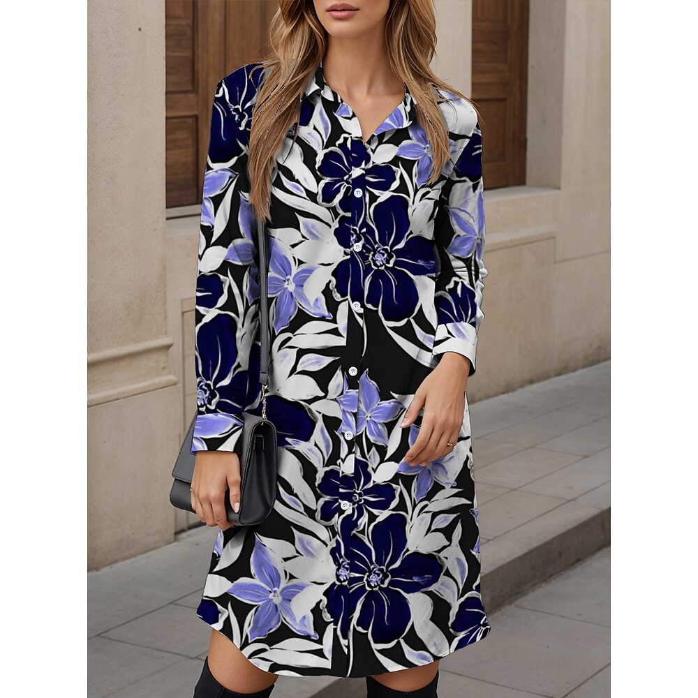 Damen Midikleid Hemdkleid Kleid Casual Date Loose Fit Blumen Grafik Langarm Hemdkragen Blau Herbst Winter Lightinthebox