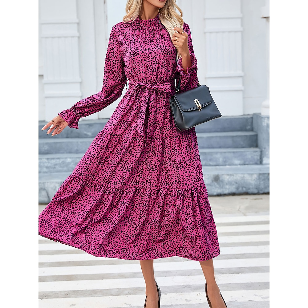 Damen Midi Kleid A-Linien Kleid Fit und Flare Kleid Stylisch Lässig Ausgestellte Ärmel Urlaub Lässig Alltag Reguläre Passform Grafisch Langarm Stehkragen Magenta Sommer Frühling Herbst Lightinthebox