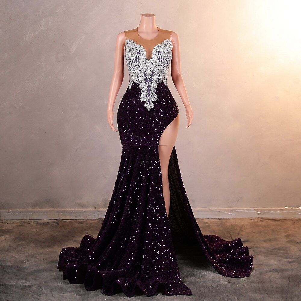 Meerjungfrauenschnitt Abendkleid Elegant Kleid Formell Hofschleppe Ärmellos Rundhalsausschnitt Paillettenbesetzt mit Paillette 2025 Lightinthebox