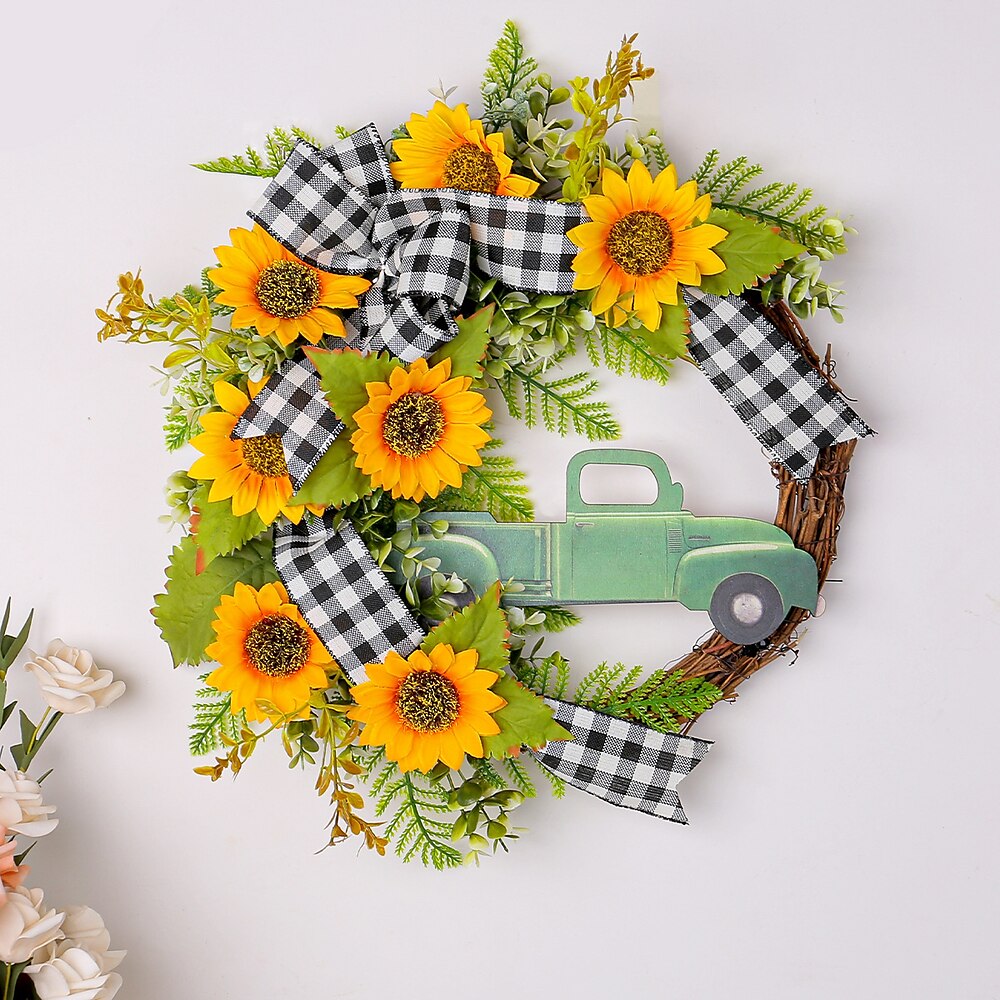 Bienentag Wichtel Geschenk Dekoration künstliche Sonnenblume schwarz-weiß karierter Stoff und toter Zweig Kranz Türbehang und Zaundeko Lightinthebox