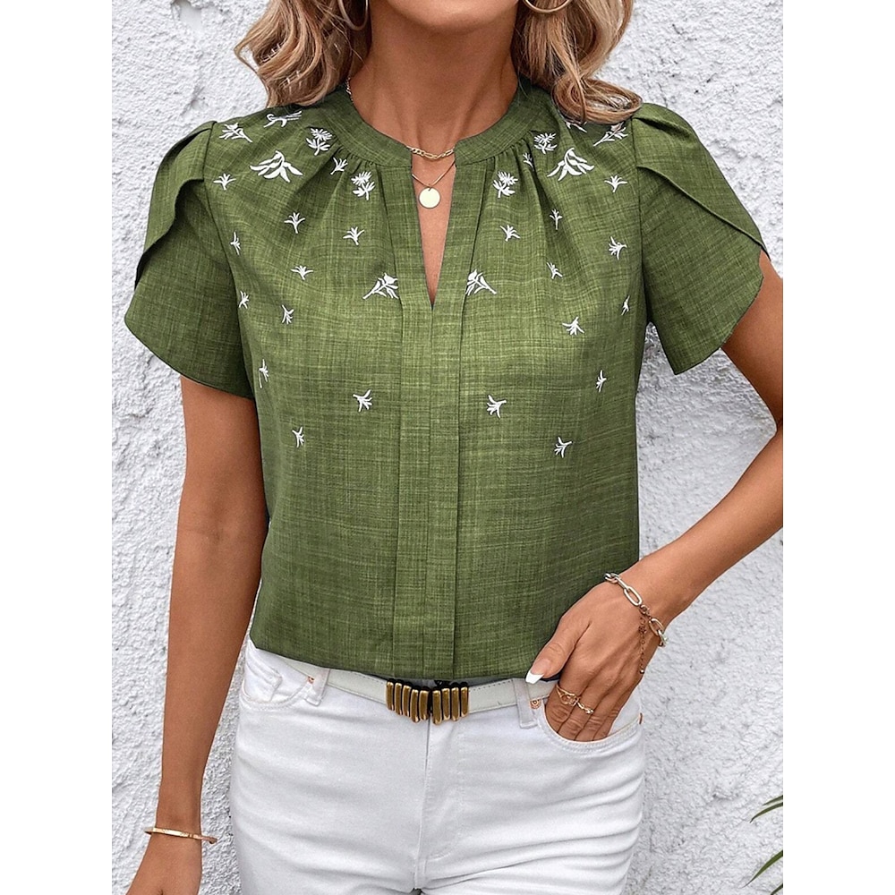 Damen Bluse Blumen Modisch Modern Brautkleider schlicht Kurzarm Gekerbter Hals Normale Oberteile Täglich Wochenende Bedruckt Schwarz Wein Königsblau Grün Khaki Sommer Lightinthebox