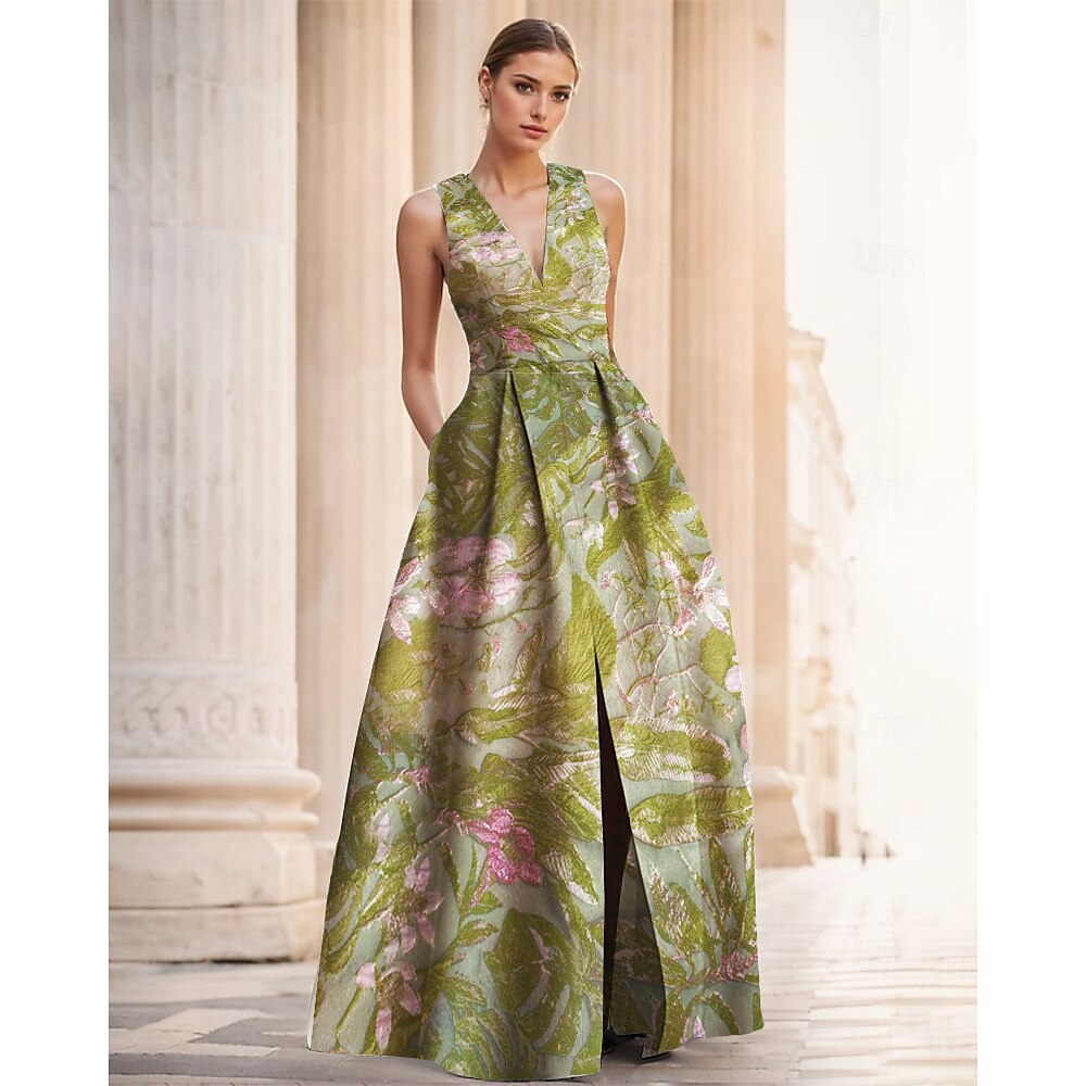 grünes Jacquard-Brokat-Blumen-A-Linien-Abendkleid, elegantes Kleid, formelle Hochzeit, bodenlang, ärmellos, V-Ausschnitt, Nylon mit Schlitztasche 2025 Lightinthebox