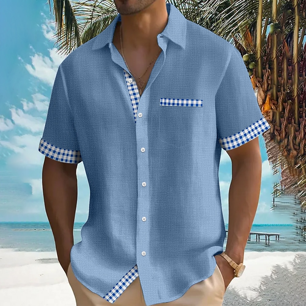 Herren Hemd leinenhemd Sommerhemd Strandhemd Plaid Urlaub Festtage Gelb Blau Grün Kurzarm Kragen Sommer Bekleidung Lightinthebox