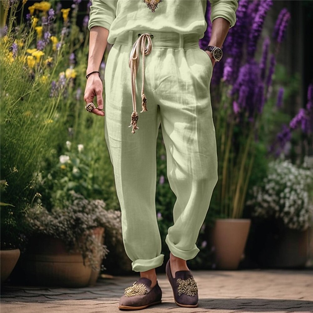 Herren Leinenhosen Hose Sommerhose Strandhose Kordelzug Elastischer Bund Falten Einfach Komfort Atmungsaktiv Volle Länge Lässig Täglich Ferien Mode Retro Vintage Weiß Marineblau Lightinthebox
