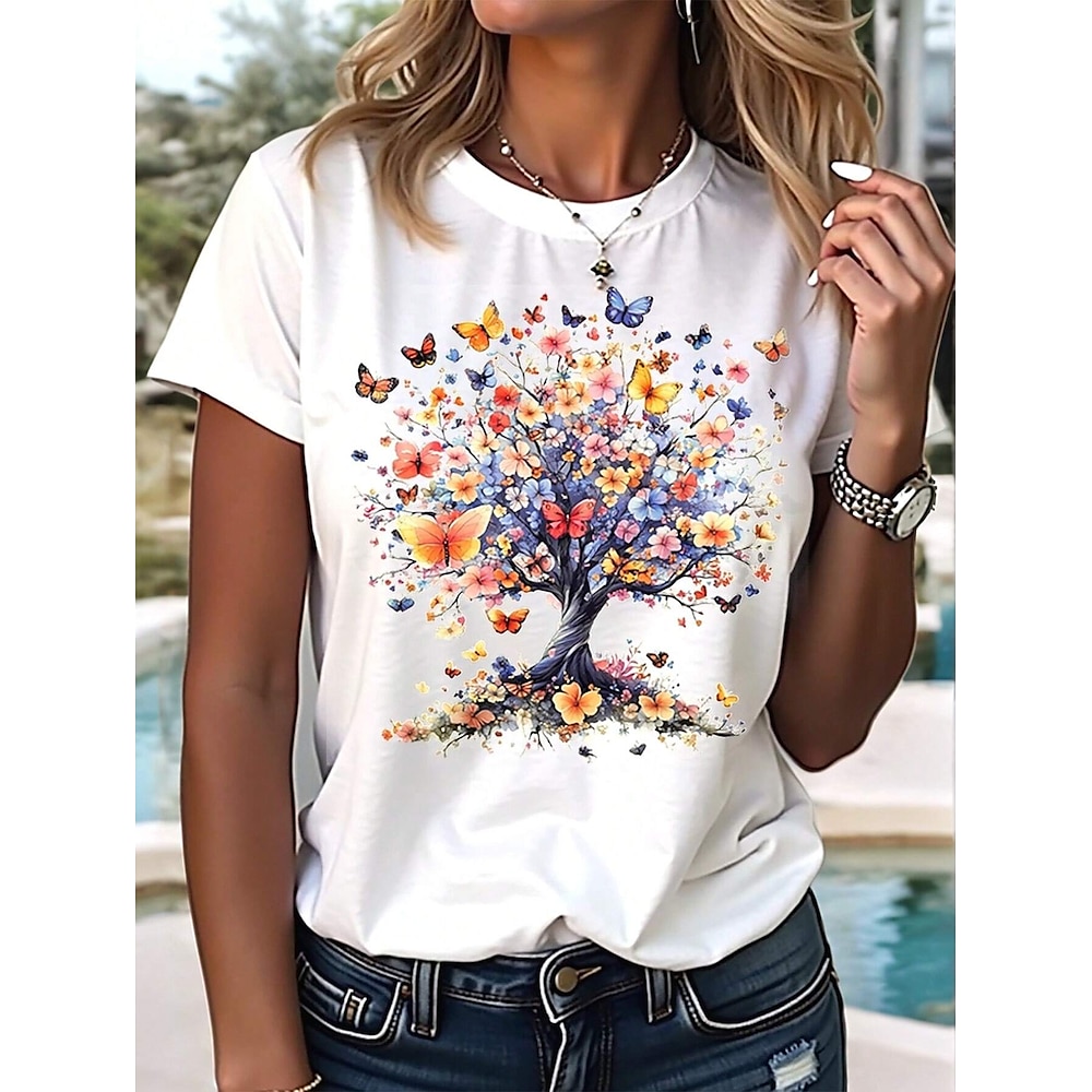 Damen T Shirt Blumen Grafik Schmetterling Stilvoll Lässig Kurzarm Rundhals Normale Oberteile Täglich Wochenende Druck Weiß Sommer Frühling Lightinthebox