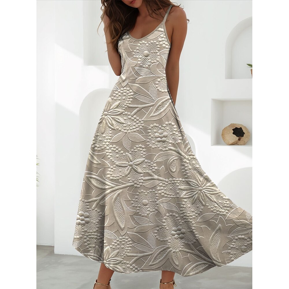 Damen Maxikleid A Linie Kleid Sommerkleid Unterkleid Urlaub Lässig Täglich Normale Passform Blumen Grafik Ärmellos V Ausschnitt Blau Purpur Beige Sommer Frühling Lightinthebox