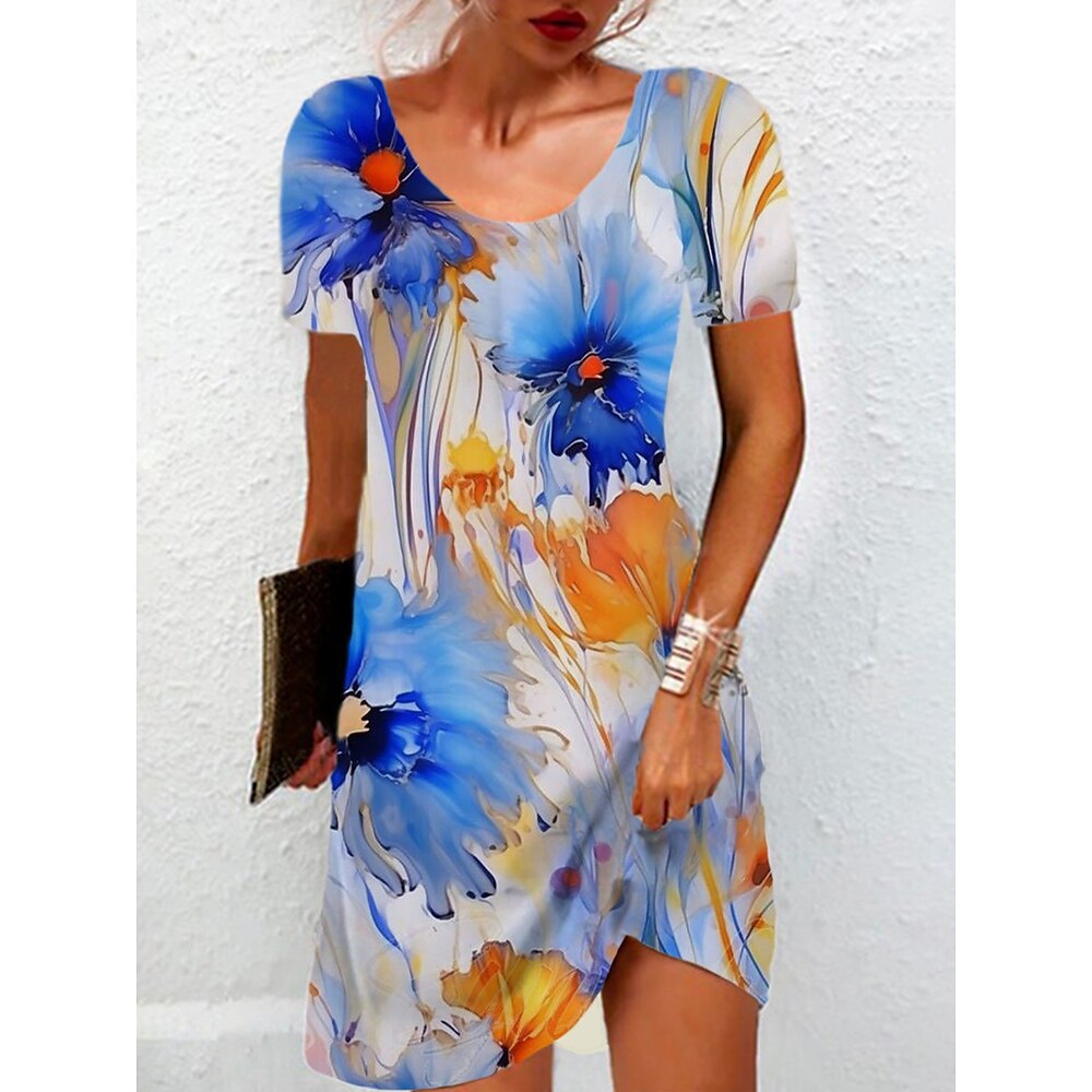 Damen Minikleid Freizeitkleid T-Shirt-Kleid Sommerkleid A Linie Kleid Stilvoll Lässig Strand Normale Passform Blumen Grafik Kurzarm Rundhalsausschnitt Blau Sommer Frühling Lightinthebox