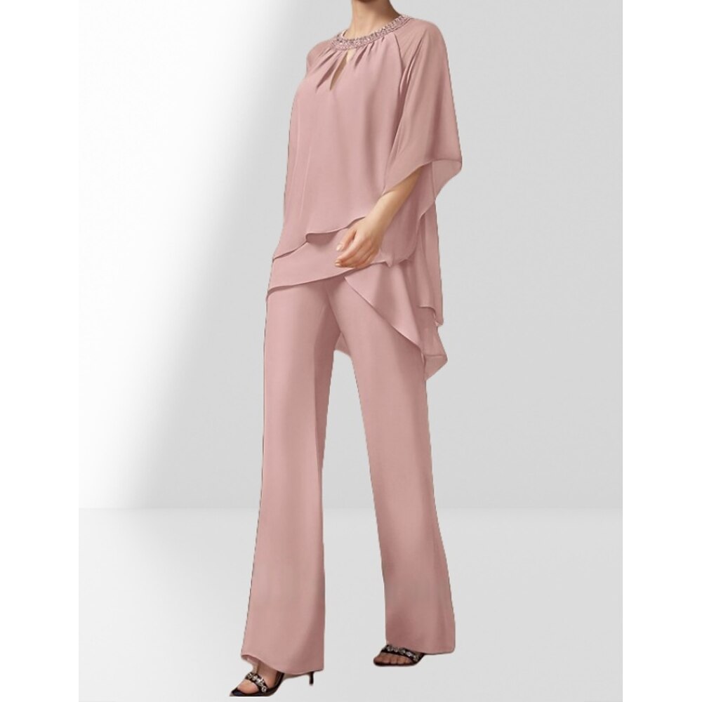 Zweiteilig Overall / Hosenanzug Brautmutterkleid Hochzeitsgast Elegant Juwelenhals Bodenlang Chiffon Dreiviertelarm mit Perlenstickerei Raffung 2025 Lightinthebox