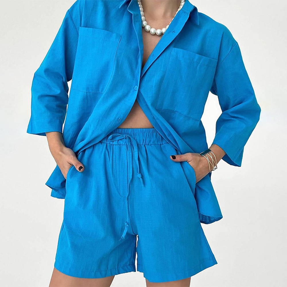 Damen Aktiv Basic Hemd Shorts-Sets Langarm Hemdkragen Einfarbig Kordelzug Alltagskleidung Wochenende Blau Sommer Normale Passform Lightinthebox