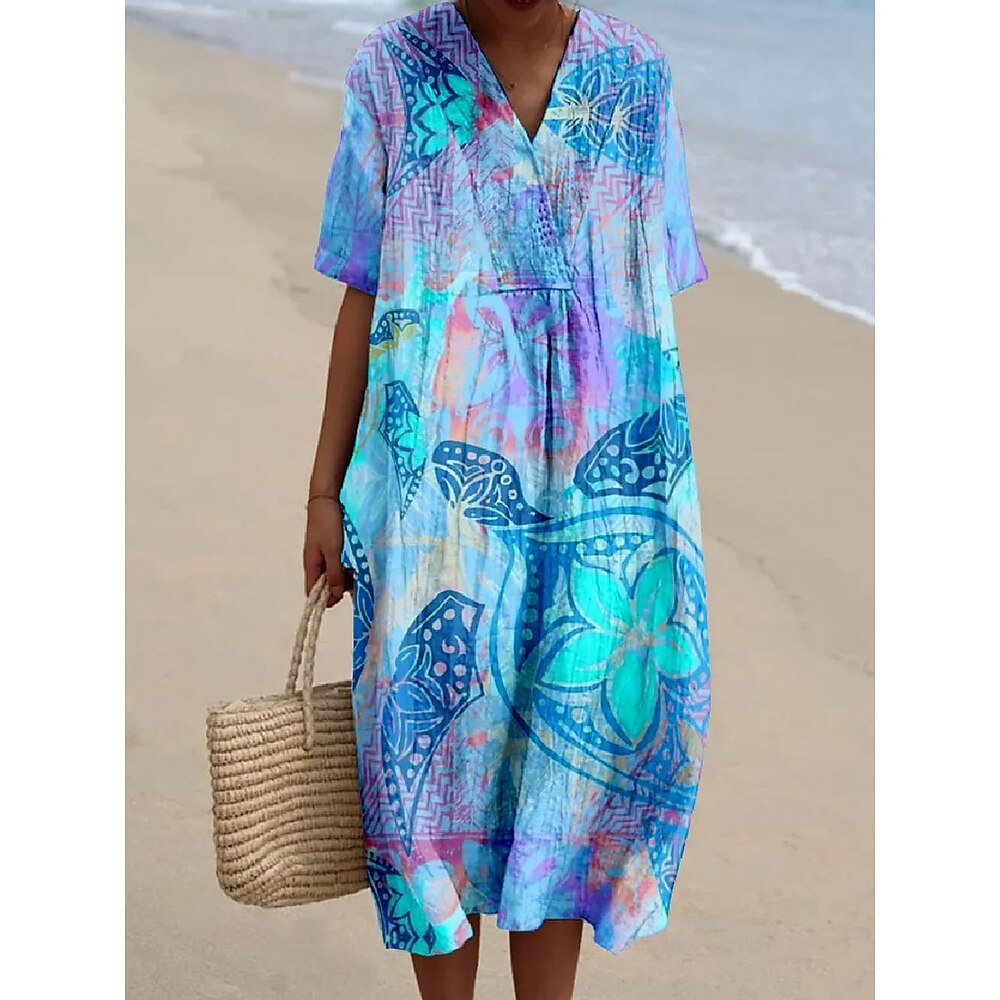 Damen Midikleid Sommerkleid Urlaub Lässig Strand Ausgehen Lässiger Schnitt Blumen Grafik Halbarm V Ausschnitt Blau Sommer Lightinthebox