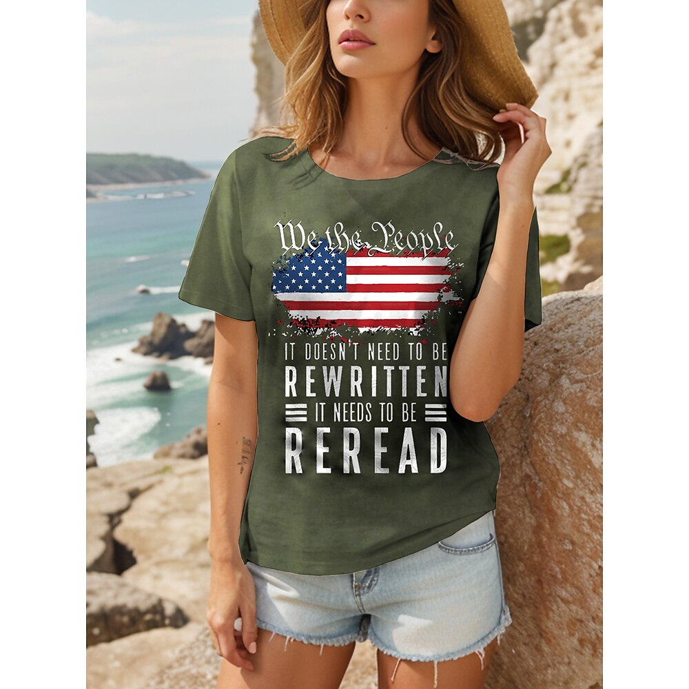 Amerikanischer Unabhängigkeitstag Damen T Shirt Grafik Flagge Buchstabe Stilvoll Lässig Kurzarm Rundhals Normale Oberteile Täglich Wochenende Druck Schwarz Blau Grün Sommer Frühling Lightinthebox