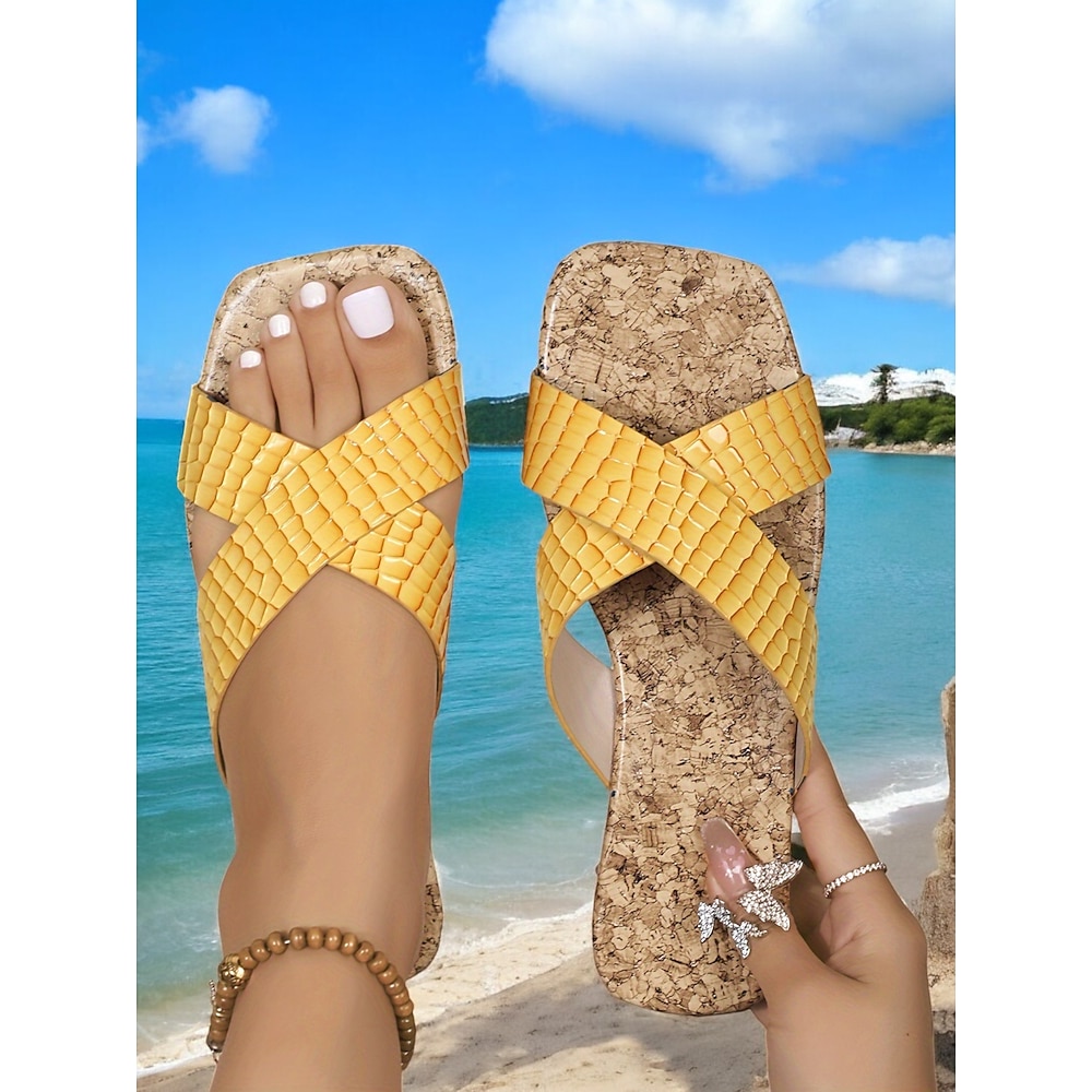 Gelbe Korksandalen mit geflochtenen Kreuzriemen für Damen - leichte und stylische Slip-On-Strandsandalen für den Sommerurlaub und Freizeitausflüge Lightinthebox