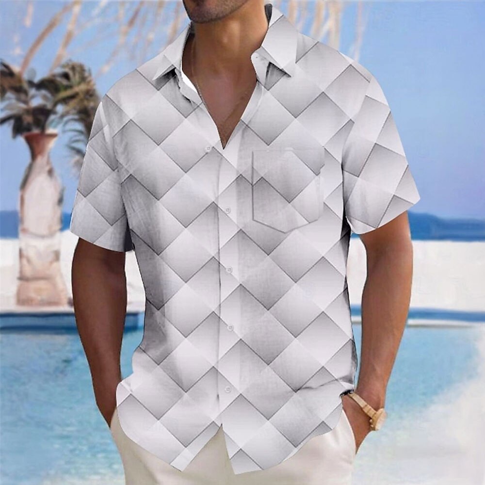 Herren Geometrisch Karo / Karomuster Hemd Freizeithemd Knopfhemd Kurzarm Modisch lässig Urlaub Ferien Streetwear Sommer Frühling Umlegekragen 3D-Druck Hemden mit Kragen Eine Tasche vorne Weiß Lightinthebox